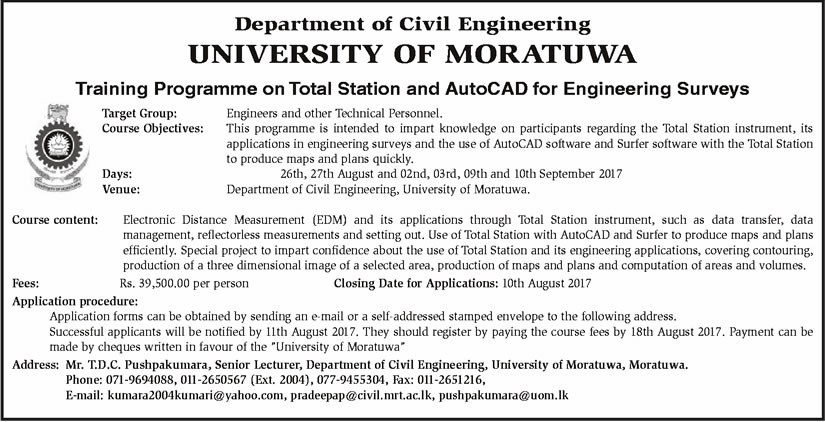 Training Programme on Total Station & AutoCAD for Engineering Survays - University of Moratuwa